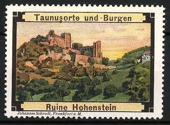 Reklamemarke Taunusorte und Burgen, Ruine Hohenstein, Landschaftsmotiv