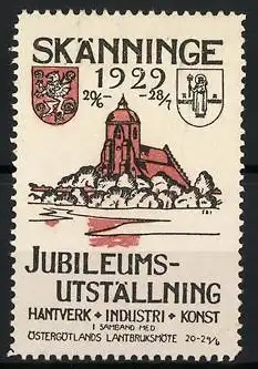 Reklamemarke Skänninge, Jubiläumsausstellung 1929, Kirche und Wappen