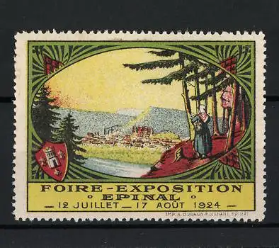 Reklamemarke Épinal, Foire-Exposition 1924, Landschaft mit Stadtansicht