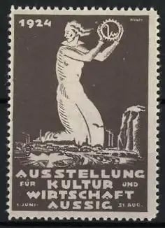 Reklamemarke Aussig, Ausstellung für Kultur und Wirtschaft 1924, stehende Figur mit Kranz