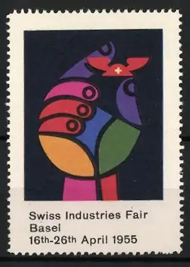 Reklamemarke Basel, Swiss Industries Fair 1955, stilisierte Hand mit Flügelhelm