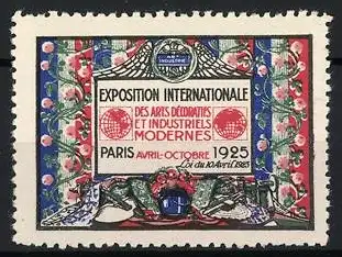 Reklamemarke Paris, Exposition Internationale 1925, florales Dekor und Emblem