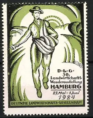 Reklamemarke Hamburg, 30. Landwirtschaftliche Wanderausstellung 1924, Bauer mit Saatgutsack