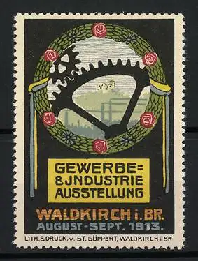 Reklamemarke Waldkirch i. Br., Gewerbe- & Industrie Ausstellung, Zahnrad und Blumenkranz, 1913