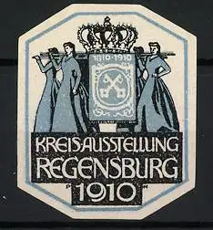 Künstler-Reklamemarke Paul Neu, Regensburg, Kreisausstellung 1910, Wappen mit Krone und Figuren