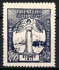 Reklamemarke Sydney, Philatelic Souvenir Stamp Exhibition 1911, Frau mit ausgebreiteten Armen