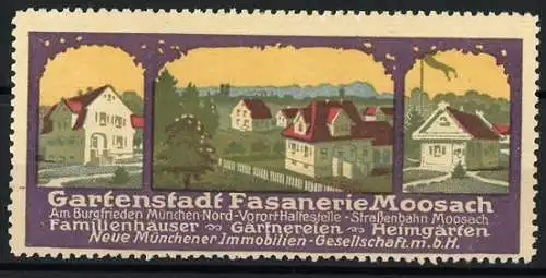 Reklamemarke München, Gartenstadt Fasanerie Moosach, Familienhäuser der Neuen Münchener Immobilien GmbH