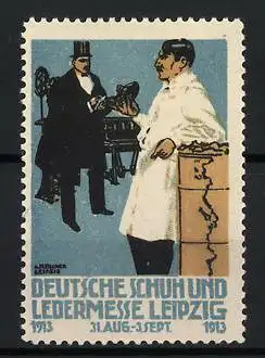 Reklamemarke Leipzig, Deutsche Schuh- und Ledermesse 1913, Herren im Gespräch