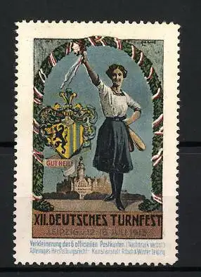 Reklamemarke Leipzig, XII. Deutsches Turnfest 1913, Turnerin mit Keulen