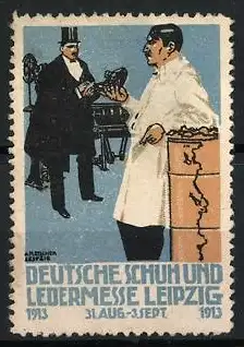 Reklamemarke Leipzig, Deutsche Schuh- und Ledermesse 1913, Schuhmacher mit Kunden