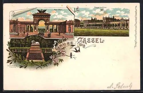 Lithographie Kassel, Aue Tor, Hessendenkmal, Orangerieschloss