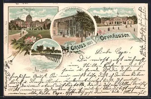 Lithographie Oeynhausen, Soolbad, Wandelbahn, Kurhaus, Partie am Siel