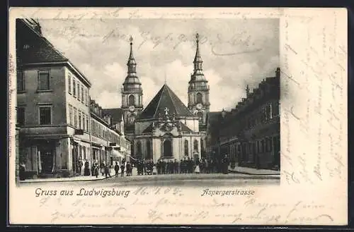 AK Ludwigsburg / Württemberg, Aspergerstrasse mit Kirche