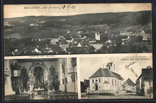 AK Heudorf / Stockach, Gesamtansicht, Innenansicht der Kirche, Strassenpartie an der Kirche