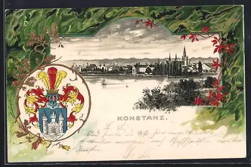 Passepartout-Lithographie Konstanz, Ortsansicht und Stadtwappen