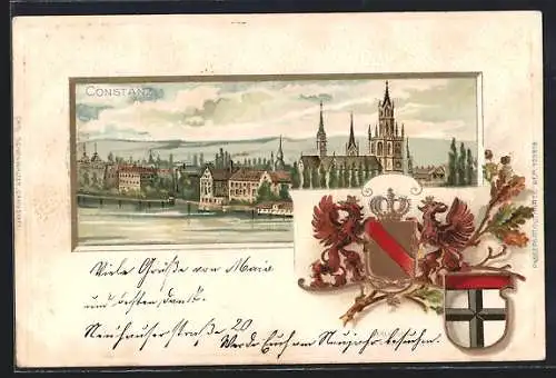 Passepartout-Lithographie Constanz, Totalansicht mit Kirche, Wappen