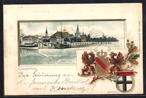 Passepartout-Lithographie Constanz / Bodensee, Blick auf Ort und Hafen, Wappen