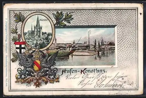 Passepartout-Lithographie Konstanz, Das Münster, Partie am Hafen, Wappen