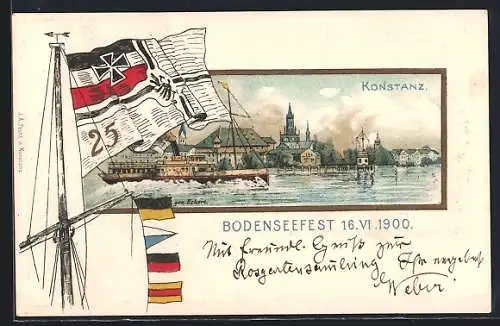 Passepartout-Lithographie Konstanz, Bodenseefest 1900 - Teilansicht mit Schiff, Deutsche Nationalflagge an Schiffsmast