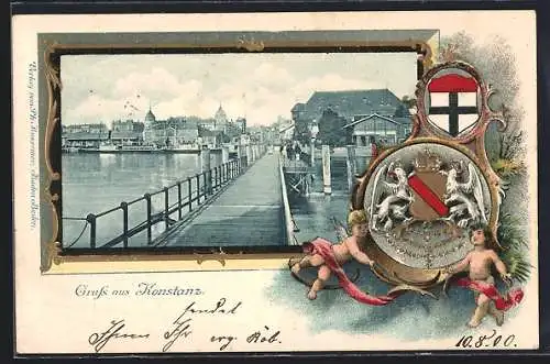 Passepartout-Lithographie Konstanz, Partie auf der Landungsbrücke im Hafen, Wappen