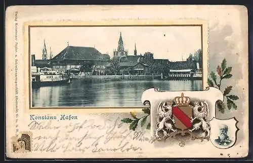 Passepartout-Präge-Lithographie Konstanz, Partie am Hafen mit Booten und Wappen