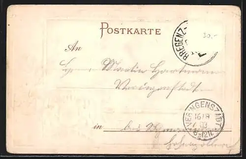 Passepartout-Präge-Lithographie Konstanz, Partie am Hafen mit Booten und Wappen