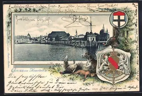 Passepartout-Lithographie Konstanz, Uferpartie mit Bootsanleger, Wappen