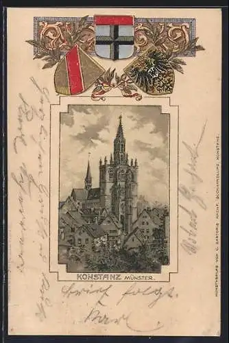 Passepartout-Lithographie Konstanz, Blick zum Münster, Wappen