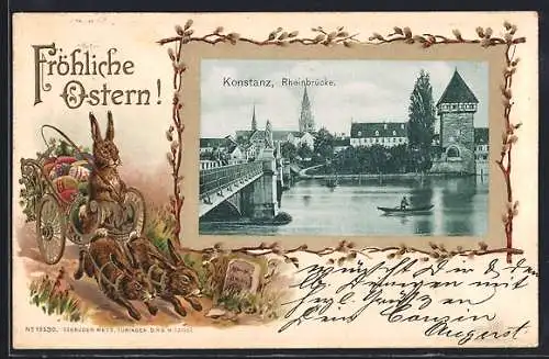 Passepartout-Lithographie Konstanz, Partie an der Rheinbrücke, Osterkarte