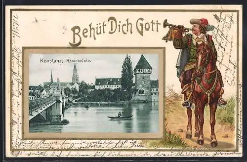 Passepartout-Lithographie Konstanz, Partie an der Rheinbrücke, Trompeter zu Pferde