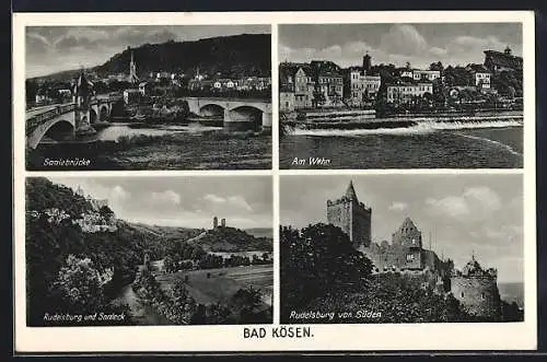 AK Bad Kösen, Saalebrücke, am Wehr, Rudelsburg