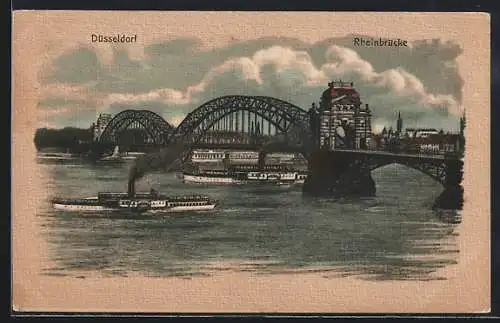 AK Düsseldorf, Rheinbrücke mit Dampfern