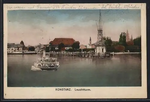 AK Konstanz, Leuchtturm und Ausflugsdampfer