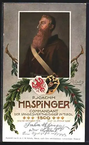 Künstler-AK F.A.C.M. Reisch: Commandant der Landesverteidiger in Tirol, P. Joachim Haspinger, 1908