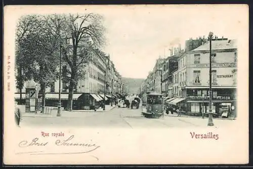 AK Versailles, Rue royale, Strassenbahn