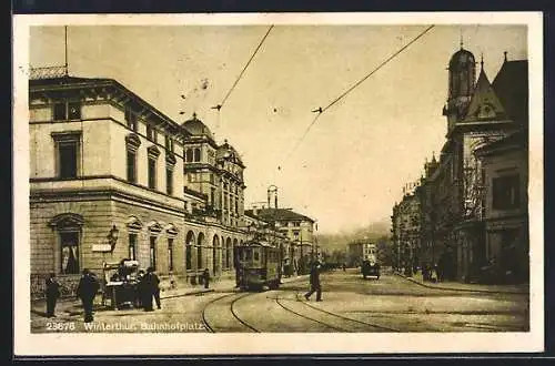 AK Winterthur, Bahnhofplatz mit Strassenbahn