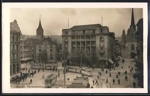 AK Zürich, Paradeplatz mit Strassenbahn