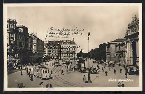 AK Zürich, Bahnhofplatz mit Strassenbahnen