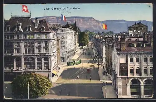 AK Genève, La Corraterie, Strassenbahn