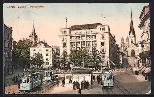 AK Zürich, Paradeplatz mit Strassenbahn