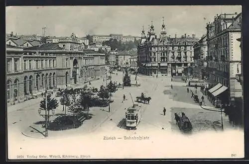 AK Zürich, Bahnhofplatz mit Strassenbahn