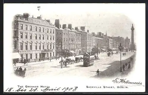 AK Dublin, Sackville Street, Gresham Hotel, Strassenbahn