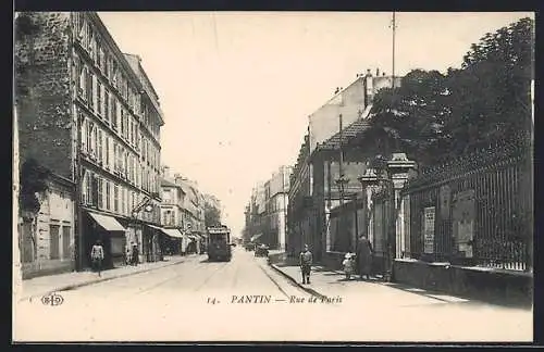 AK Pantin, Rue de Paris, Strassenbahn