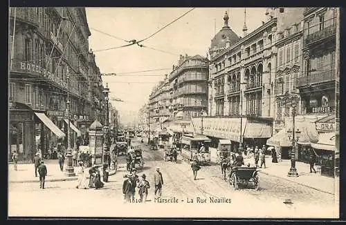 AK Marseille, La Rue Noailles, Strassenbahn