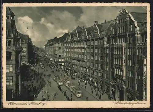 AK Hamburg, Mönkebergstrasse mit Strassenbahnen aus der Vogelschau