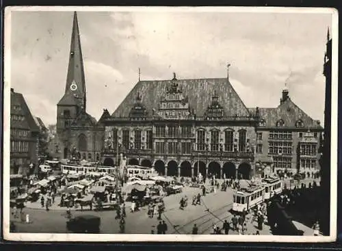 AK Bremen, Rathaus mit Liebfrauenkirche und Strassenbahn