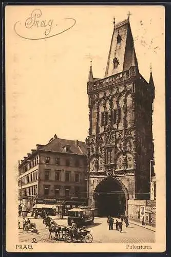 AK Prag, Pulverturm mit Strassenbahn und Kutsche