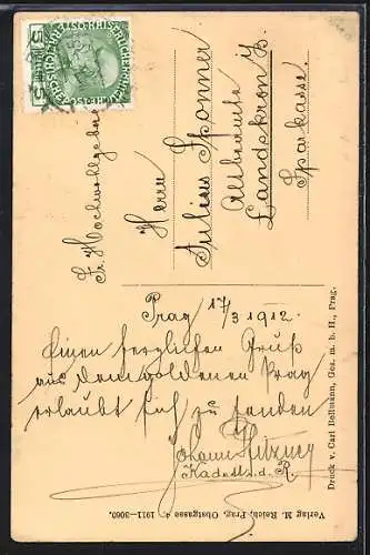 AK Prag, Pulverturm mit Strassenbahn und Kutsche