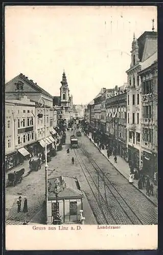 AK Linz a. D., Landstrasse mit Strassenbahn aus der Vogelschau