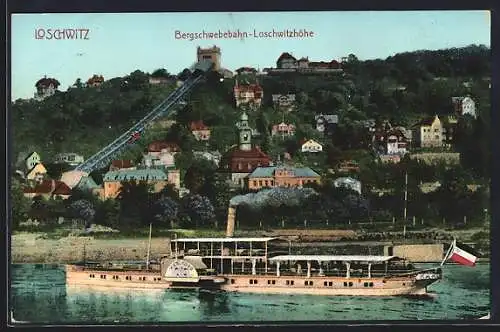 AK Loschwitz, Elbdampfer Karlsbad vor der Berg-Schwebebahn Loschwitzhöhe